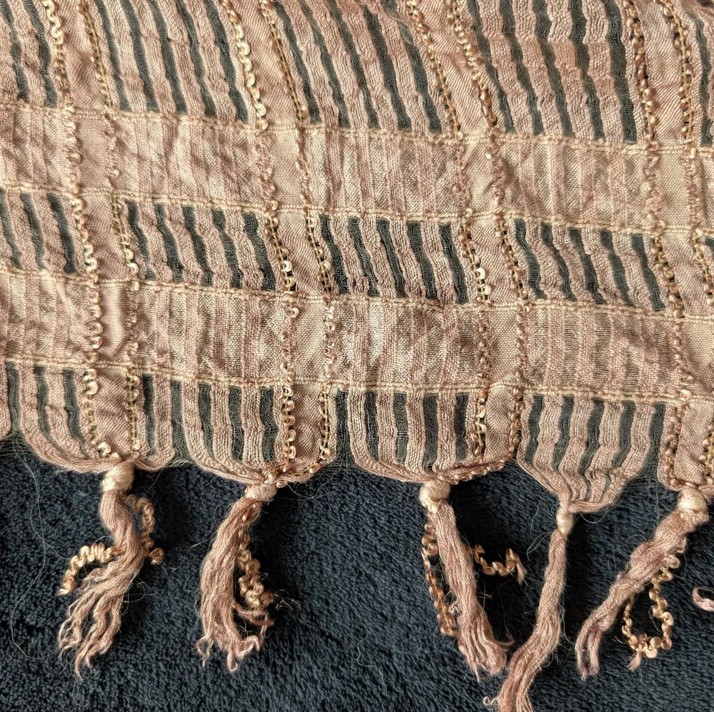 Camel Tan Boho Textured Fringe Shawl Sheer Lightweight Neutral Scarf Eco Fairy